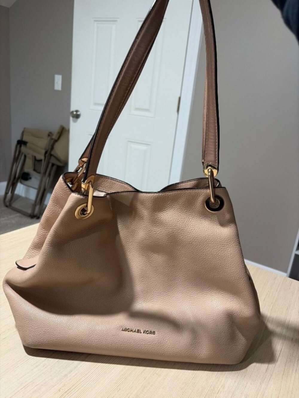 Michael Kors Oyster Pebbled Leather Raven Shoulder Bag Gold Hardware